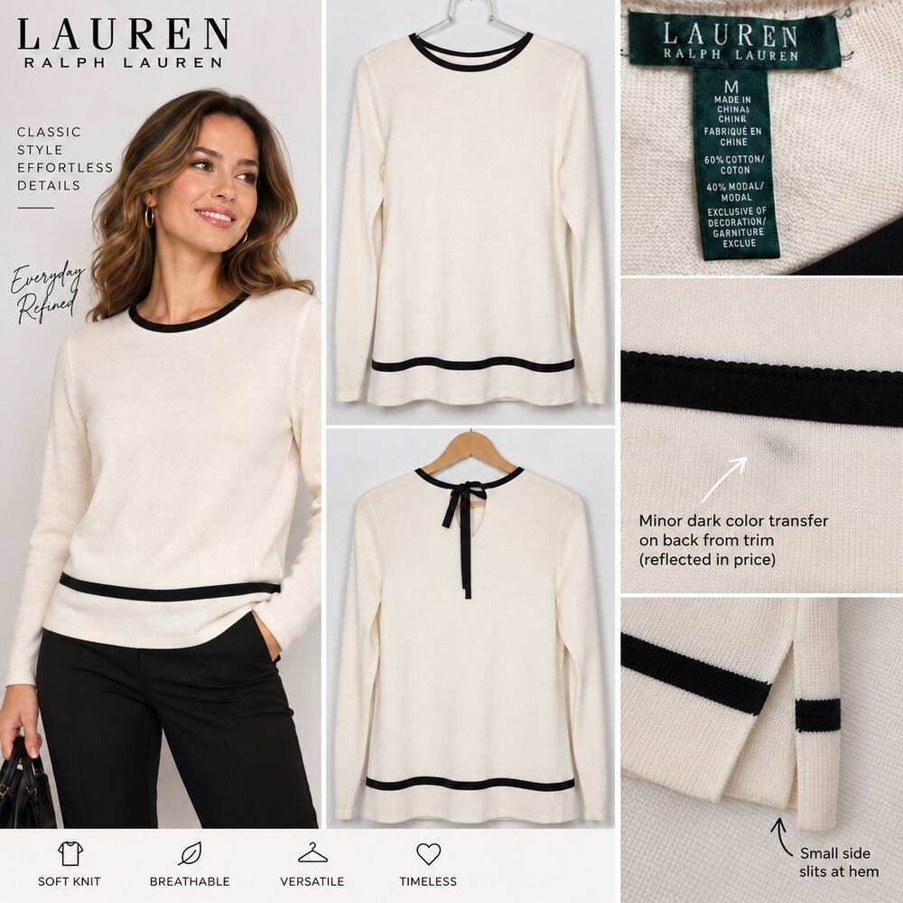 Lauren Ralph Lauren Cream Black Trim Knit Top Tie Back Size M
